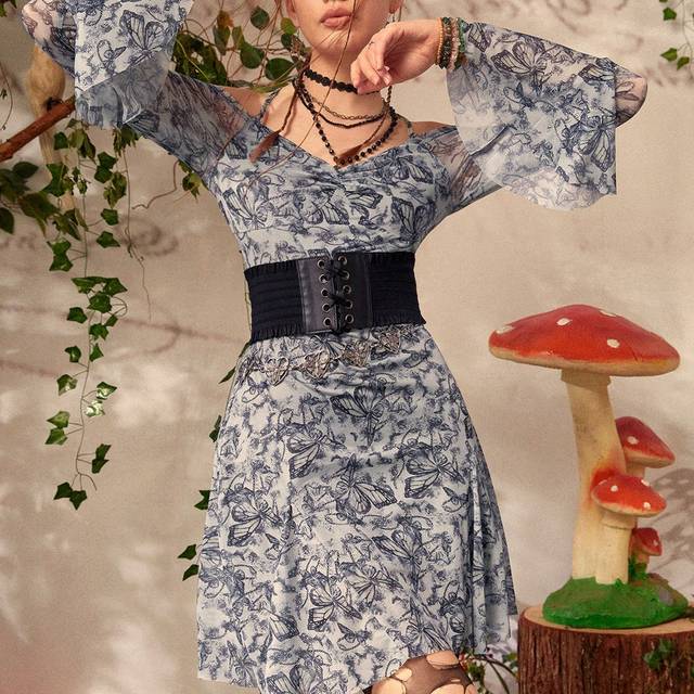 ROMWE Allover Print Lace Up Backless Dress Without Corset Belt