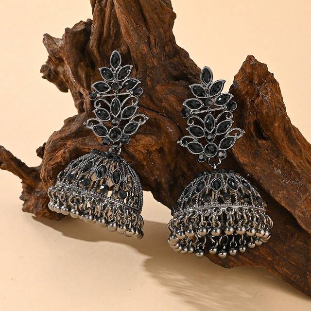 SHEIN 1pair Elegant Black Rhinestone Earrings Bohemian Style Earrings Suitable For Women&#39;s Daily & Party