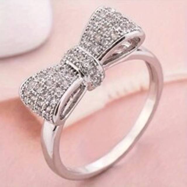 SHEIN Elegant Promise Ring Women Bowknot Cubic Silver Plated Zirconia Ring Wedding Engagement Gift Jewelry