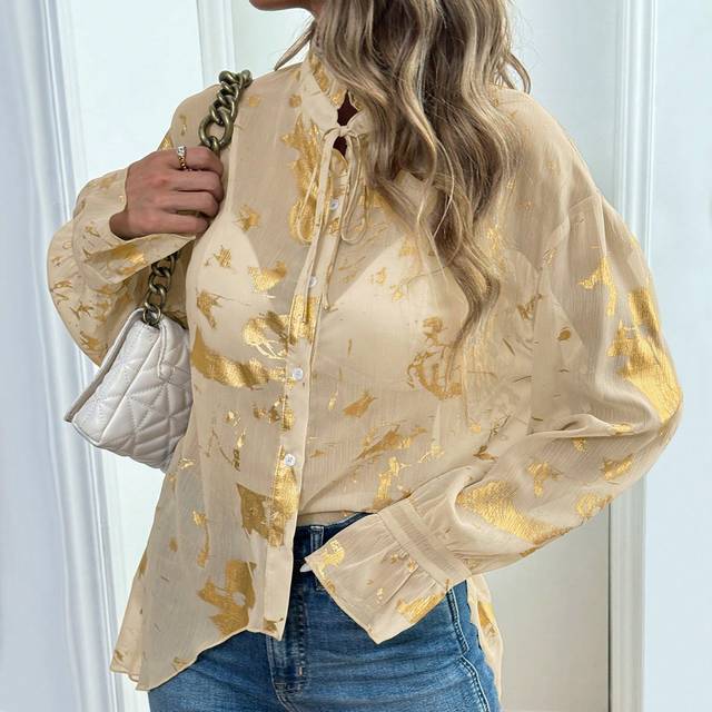 Seasty Women&#39;s Elegant Gold Floral Print Ruffle Collar Tie Front Long Sleeve Blouse