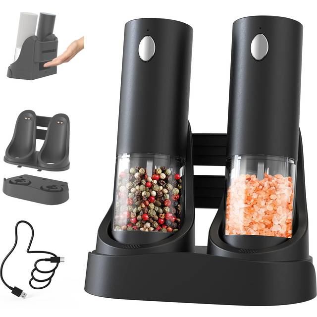 CIRCLE JOY Electric Salt and Pepper Grinder Set Automatic Salt and Pepper Grinder Set with Charging Base and White LED Light, Adjustable Coarseness,