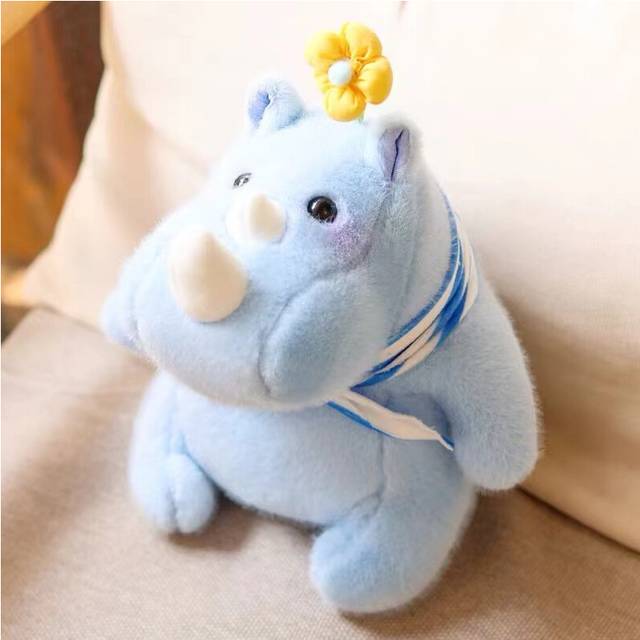(Blue) Rhino Adorable Stuffed Animal With Small Flower Scarf Cartoon Plush Toy