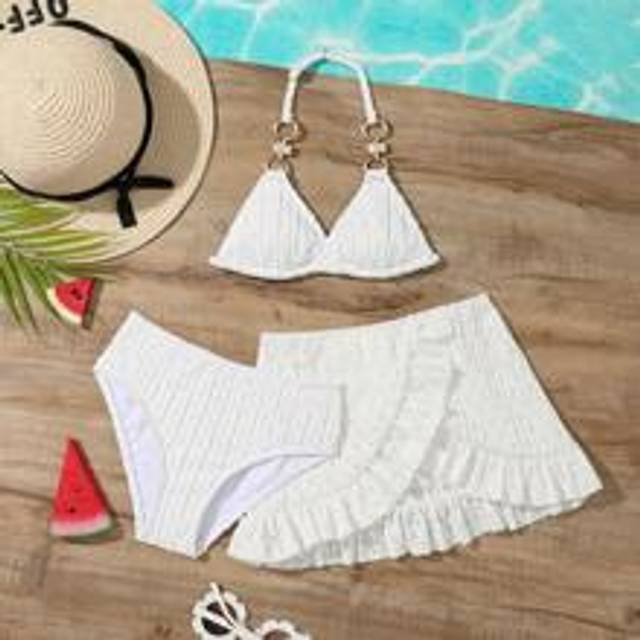 Ung flicka 3 st/set Enfärgad söt triangel bralett & triangel bikini set underdel & volang mini kjol Bikini set med ihålig design för sommar sommarstra - Vitt (6Y,7Y,4Y,5Y)