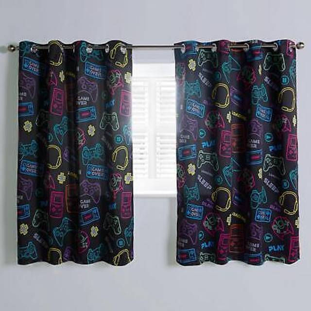 Gaming Eyelet Curtains Pair of Blackout Woven Ring Top Panels Ready Made Kids - 117cm width x 137cm drop