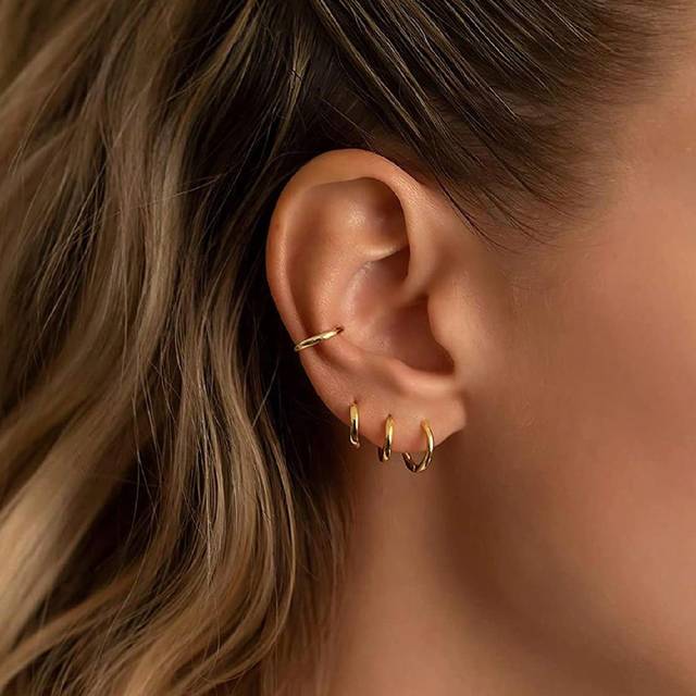 SHEIN 3 Pairs Stainless Steel Huggie Hoop Earrings Set For Women Tiny Thin Cartilage Conch Hoop Earrings For Men 18K Gold Plated Small Earrings 6/8/10mm