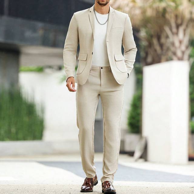 Manfinity Men&#39;s Casual Solid Color Single-Breasted Long Sleeve Blazer And Pocketed Long Pants Suit
