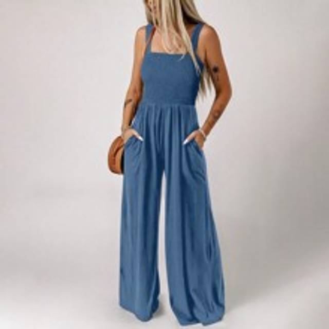 Sommarklänning för kvinnor, enfärgad, fyrkantig halsringning, bröst, diagonalt veckat, lapptäcke, ficka, casual, semester, lös, vida ben, ärmlös, stru - Babyblå (L,M,S,XL,XS,XXL)
