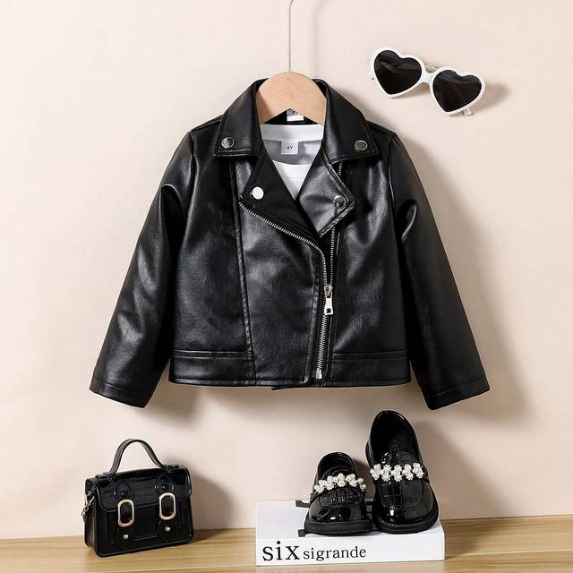 SHEIN Young Girls&#39; Solid Color Zipper Collar Long Sleeve Casual Motorcycle PU Leather Jacket, Autumn