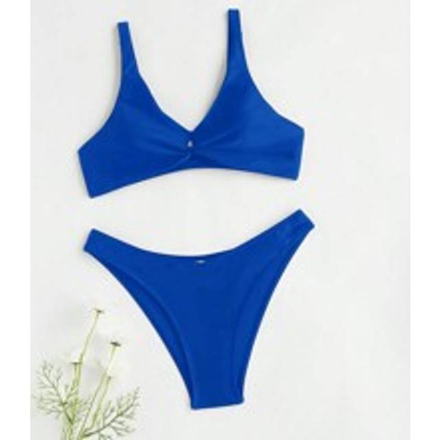 Tween Girl Solid Color Twist Front Bikini Set Sommar Simning, Beach Bikini Set Top Och Botten Sommar Beach - Blå (140,150,160,170)