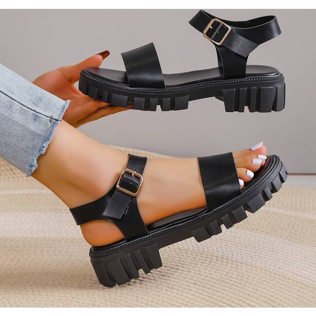 SHEIN Neutral Women Buckle Wedge Sandals, Cool Black Solid Ankle Strap Platform Sandals For Summer