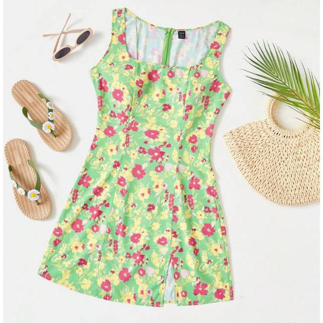 Soleia WYWH Women Vacation Style Red, Yellow & Green Ditsy Floral Split Hem Square Neck Backless Dress For Summer And Easter Day
