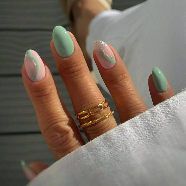 SHEIN 24Pcs Matcha Color Short Oval Stripe Tip Short Press On Nails Full Fit Design Acrylic Fake Nails, Contain 1pc Jelly Glue And 1pc Nail File, French Tip
