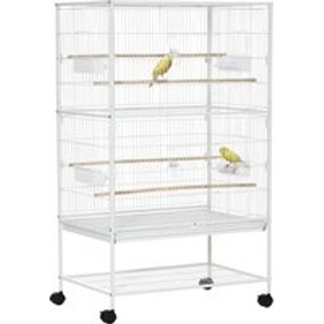 PawHut Large Aviary Bird Cage for Canaries, Budgies with Rolling Stand, Slide-out Cleaning Tray, Perch, Food Containers, White Aosom UK