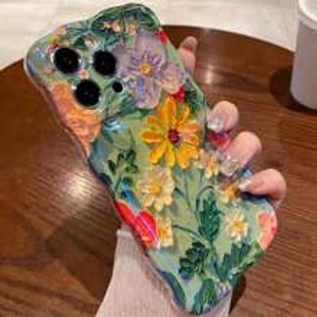 Färgglad blommig oljemålning design telefonfodral kompatibelt med Apple IPhone 15 Pro Max, IPhone 14, IPhone 13, IPhone 12, IPhone 11, Vår/sommar Blåt - Multifärgad (Multi-size)