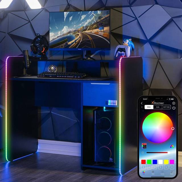 X Rocker Electra Gaming Desk with Wireless Charging and App Controlled LED Lights, Black