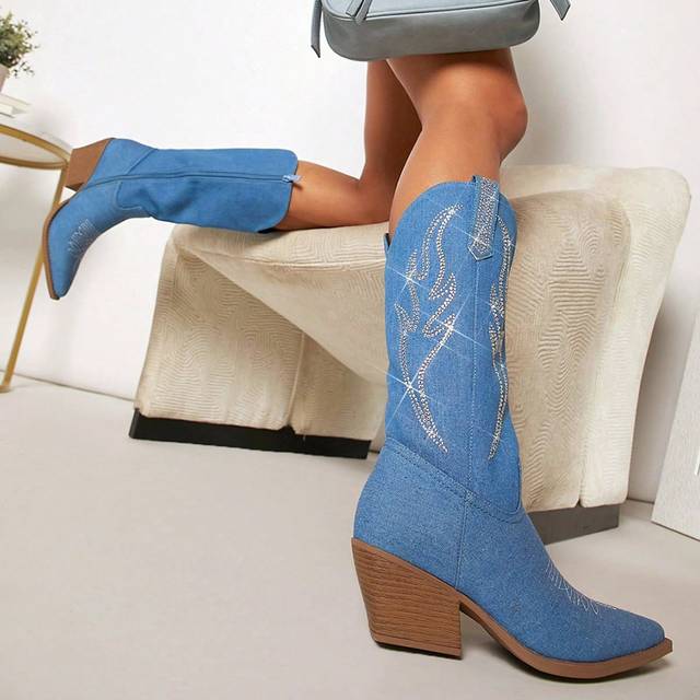 SHEIN Embroidered Side Zipper Western Boots, Cowboy Boots For Women