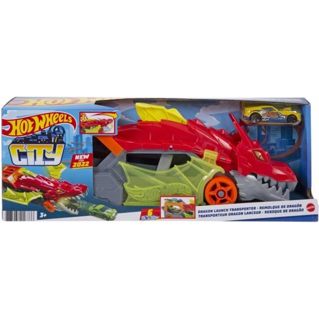 Hot Wheels City leksaksbil spårset, drakstarttransportör och bil i skala 1:64, skjuter fordon från odjurets mun, för förvaring av upp till 5 fordon