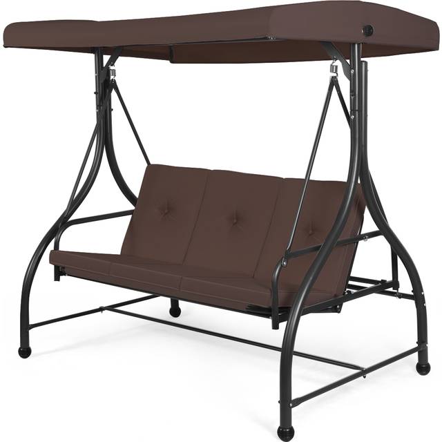 3 Seater Garden Swing Chair with Adjustable Canopy and Cushions-Brown