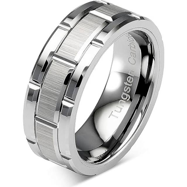 8mm Stainless Steel Women Ring Silver Brick Pattern Grooved Matte Brushed Ring Mens Wedding Bands Accessories - Multicoloured