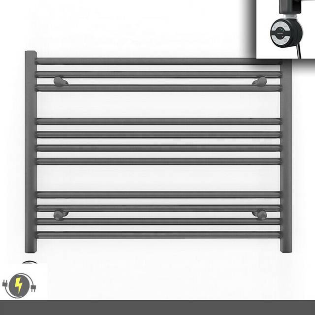 (900x600 (BTU: 1435), With MOA Thermostatic Element) 900mm Wide Anthracite Grey Electric Towel Rail With Thermostatic Element