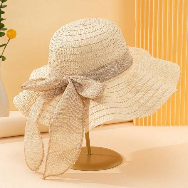 SHEIN 1pc Kids&#39; Unisex Sweet & Simple Wavy Brim Straw Hat With Linen Ribbon & Bow Decor, Suitable For Daily Wear And Sun Protection, Outdoor Beach Vacation