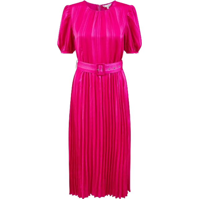 Yumi Satin Striped Midi Dress With Pleats and Matching Belt - Pink - Size 8 - Yumi