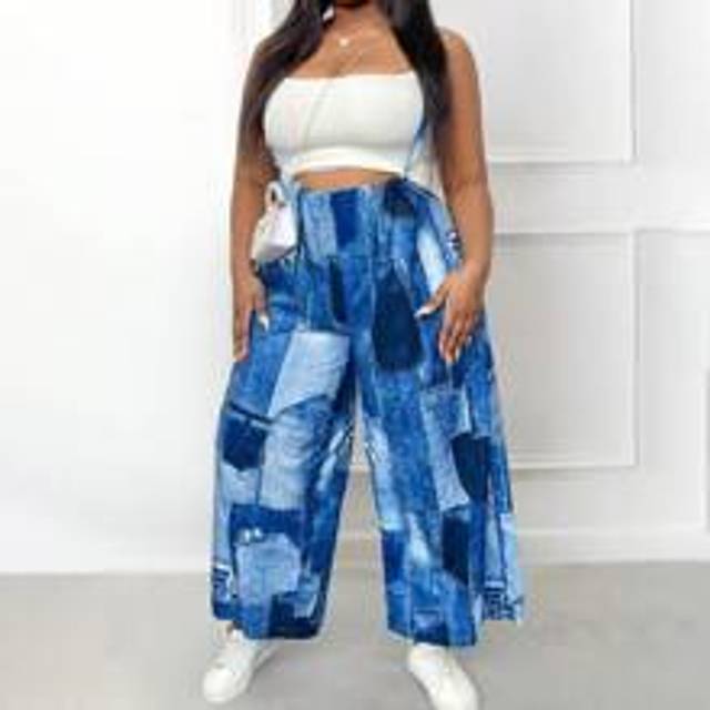 Plus Size Splits Denim Effekt Lång Jumpsuit med axelremmar - Multifärgad (0XL,1XL,2XL,3XL,4XL)