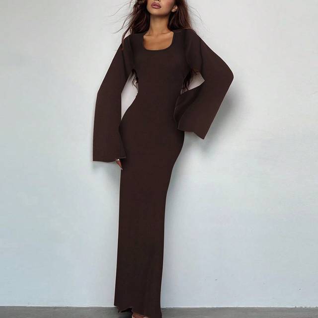 SHEIN Women Casual Round Neck Bodycon Long Flare Sleeves Back Tie Elegant Daily Street Spring Long Dress