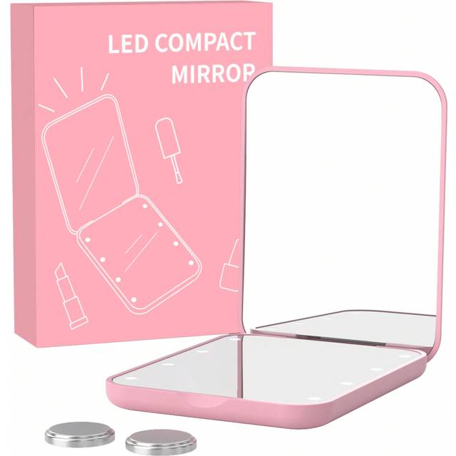 SHEIN Pocket Mirror, 1X/2X Magnification LED Compact Travel Makeup Mirror With Light For Purse, 2-Sided, Portable, Folding, Handheld, Small Lighted Mirror F
