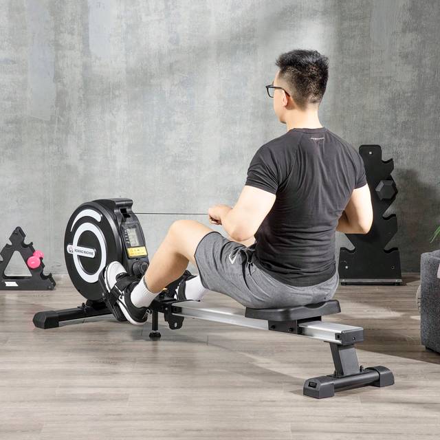 SHEIN HOMCOM Indoor Body Health & Fitness Adjustable Magnetic Rowing Machine Rower With LCD Digital Monitor & Wheels For Home, Office, Gym
