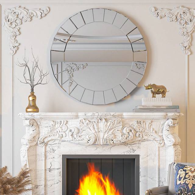 UNHO--UK Decorative Art Wall Mirror Entryway : Elegant Artistic Look 5mm Premium Glass 80x80x1.7cm Circle Accent Mirror Silver Reflection Decor Mirrors Wall Mo