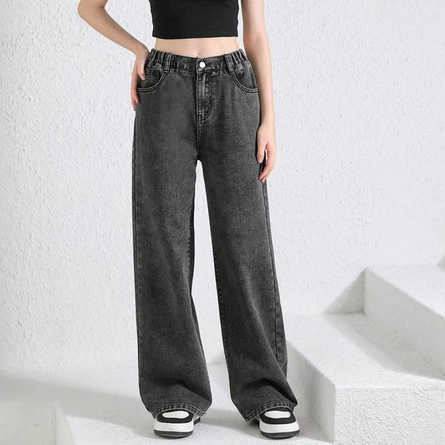 SHEIN Teen Girl All-Match Casual Stone Washed Wide Leg Jeans With Elastic Waistband