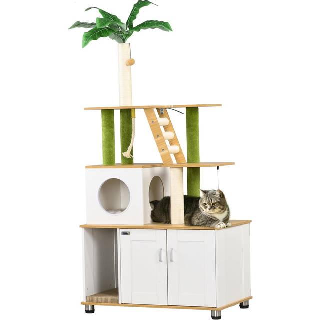 PawHut 2-in-1 Hidden Litter Box with Green Leaf Cat Tree, Indoor - Oak