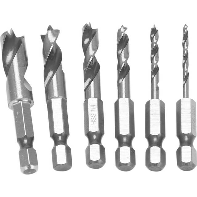 6Pcs HSS SAE Brad Point Stubby Drill Bit Set for Wood with 1/4-Inch Quick Change Hex Shank 3/32 1/8 3/16 1/4 5/16 3/8