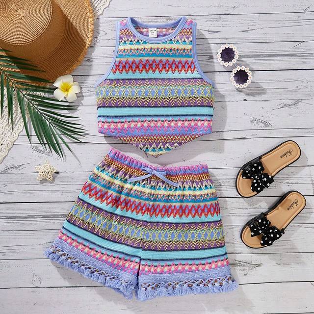SHEIN Tween Girl Sleeveless Round Neck Asymmetrical Hem Tank Top And Shorts Set For Vacation