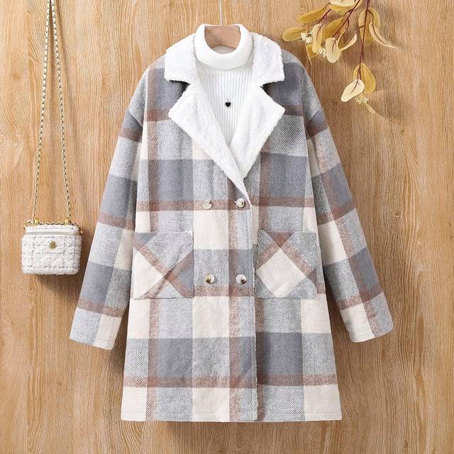 SHEIN Teen Girl 1pc Plaid Print Double Breasted Dual Pocket Overcoat