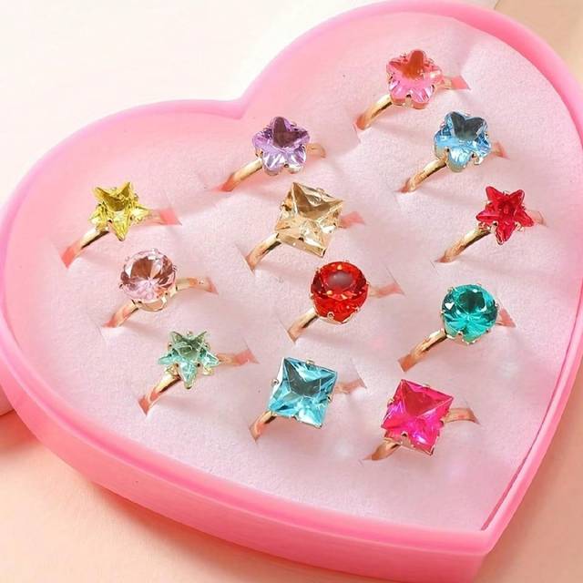 SHEIN 1set/12pcs Girls&#39; Adjustable Cartoon Rings With Faux Gemstones ,Random Color And Style, Gold Color,With Box