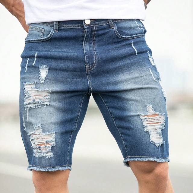 Manfinity Men Ripped Raw Trim Denim Shorts Jorts Plain Navy Blue Party Basic Friends