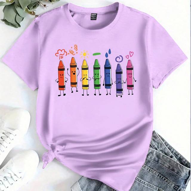 INAWLY Women Cartoon Colored Pen Printed Round Neck Short Sleeve T-Shirt For Summer Graphic Tees Women Tops