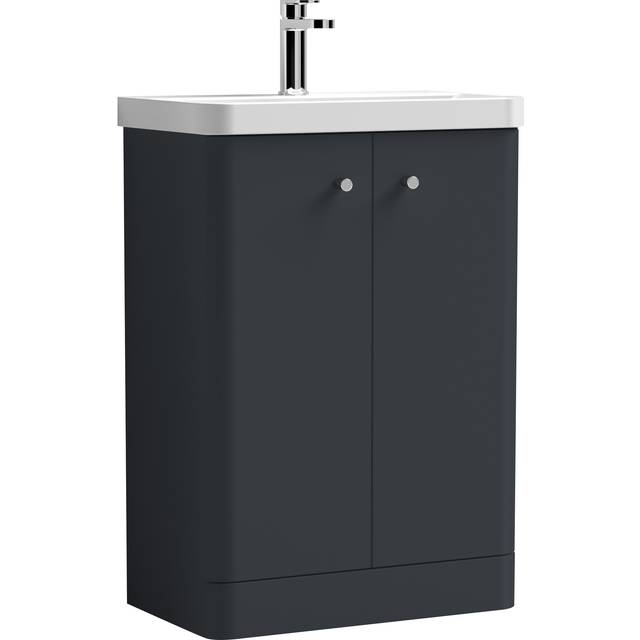 Floor Standing 2 Door Bathroom Vanity Unit with Ceramic Basin - 600mm - Soft Black