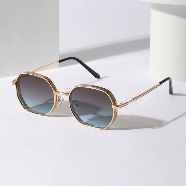 015068863-0009-SX2358 1pc Summer Men/Women&#39;s Metal Frame Geometric Sunglasses, Fashion Street Style Indoor & Outdoor Sunglasses In Black, Gold, Silver, Brown, Thick Frame W
