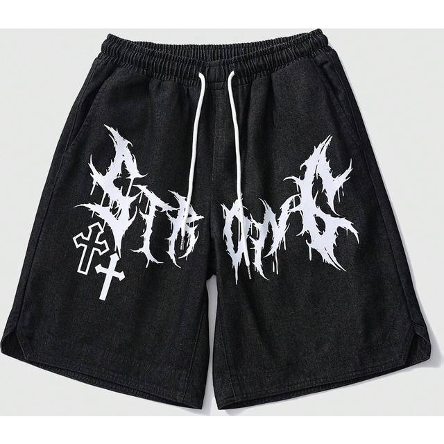 ROMWE MEN Men Slogan Printed Denim Shorts, Suitable For Everyday Wear In Spring And Summer