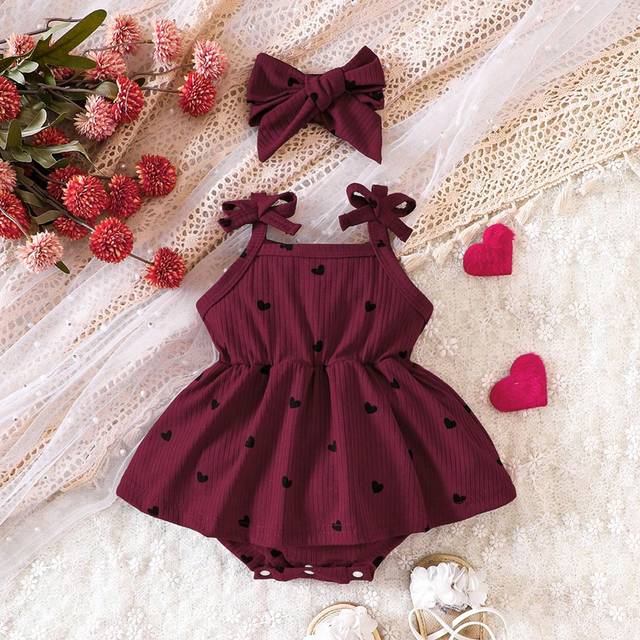 SHEIN Baby Girl Heart Print Bow Shoulder Cami Combo Bodysuit Dress & Headband