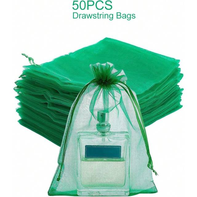 SHEIN 50pcs 4*6inch Green Organza Drawstring Pouches, Christmas Green Day Party Gift Packaging Bags, Beaded Jewelry Storage Bags