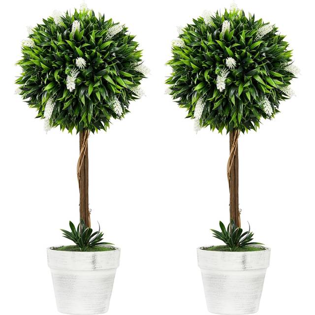 HOMCOM Set Of 2 Potted Artificial Plants Ball Tree With Flowers, White, White