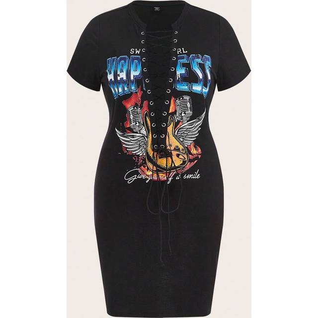 SHEIN Plus Wings & Slogan Graphic Lace Up Front Bodycon Dress