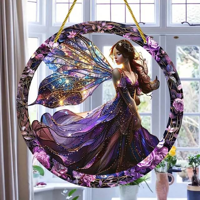 SHEIN 1pc 2D Flat Acrylic Butterfly Fairy Sun Catcher, Multi-Purpose Colorful Window Hanging, With Fairy And Wreath Design, Great For Garden, Home, Patio, R