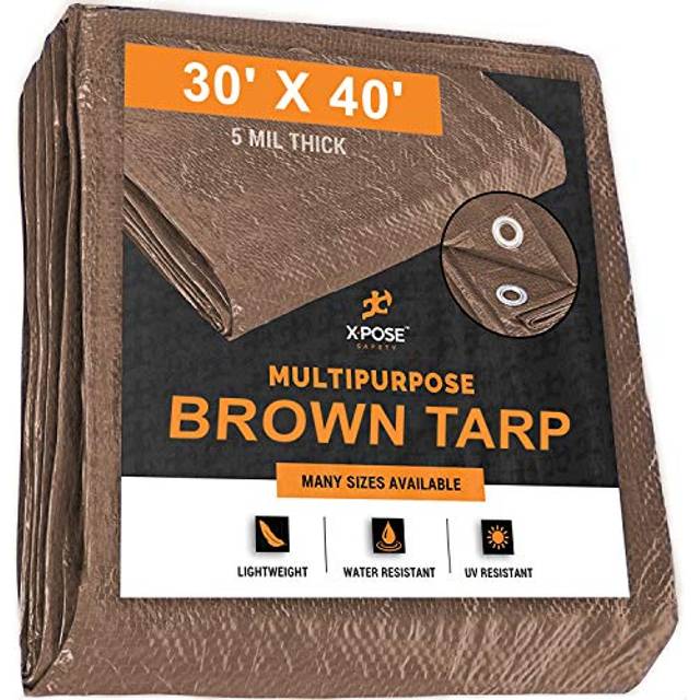 Multipurpose Protective Cover Brown Poly Tarp 30' x 40' - Durable  Water Resistant  Weather Resistant - 5 Mil Thick Polyethylene - by Xpose Safety