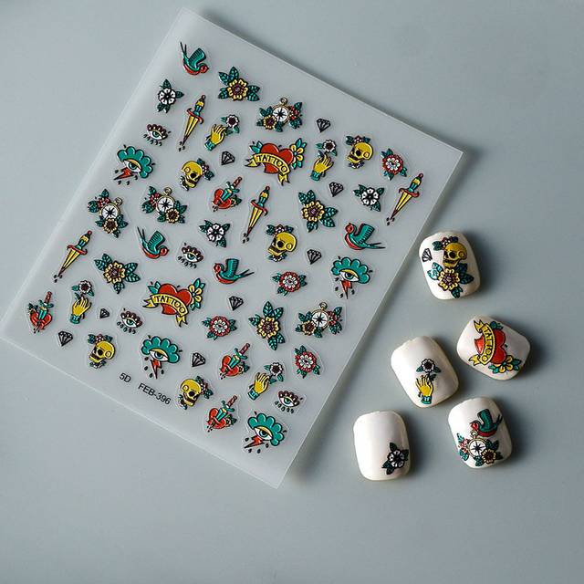 SHEIN Skull Pattern Nail Sticker, 1 Sheet 5D Embossed Summer Flowers Nail Decals Self-Adhesive Manicure Decorations Nail Stickers DIY