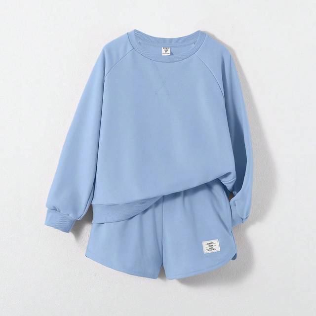 SHEIN Tween Girl Solid Colored Knitted Sweatshirt And Shorts Casual 2-Piece Set